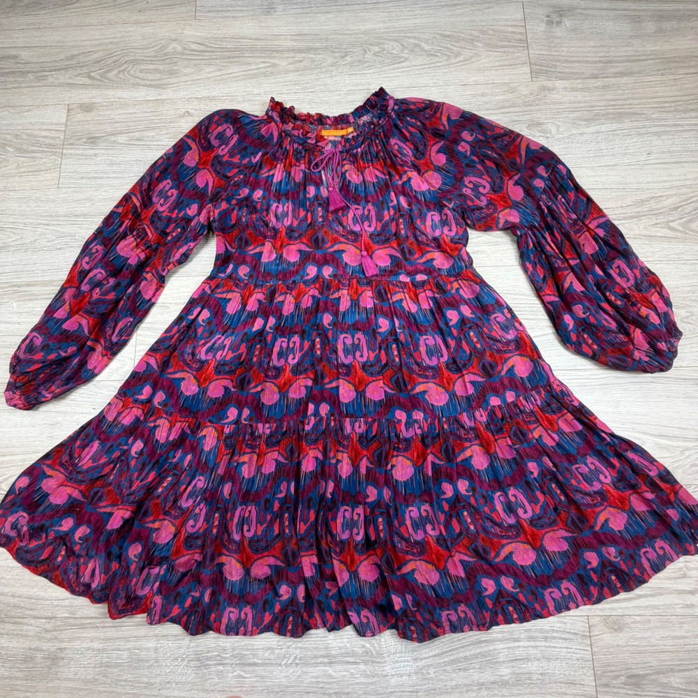 Tuckernuck Oliphant Balloon Sleeve Pink‎ Red Blue Ikat Tiered Mini Dress Medium